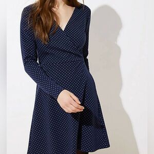 LOFT Petite Navy Geo Dot Jacquard Long Sleeve Dress
